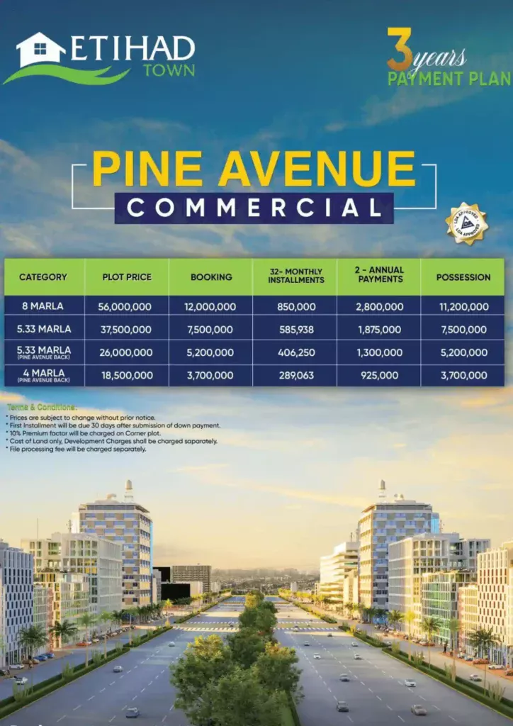 Etihad Town Lahore Phase 2 pine Avenue Commerical Payment Plans